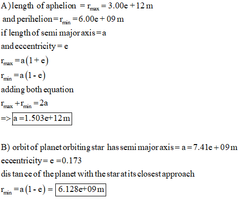 A)length of aphelion = 1mx = 3.00e +12 m and perihelion= n=6.00e +09m if length of semi major axis a and eccentricity=e Imax