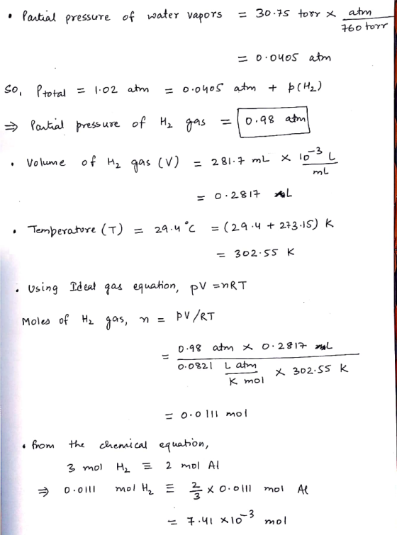 • Partial pressure of water vapors = 30.75 tory x atm 760 torr = 0.0405 atm atm + b (H₂) so, Ptotal = 1.02 atm = 0.0405 * Par