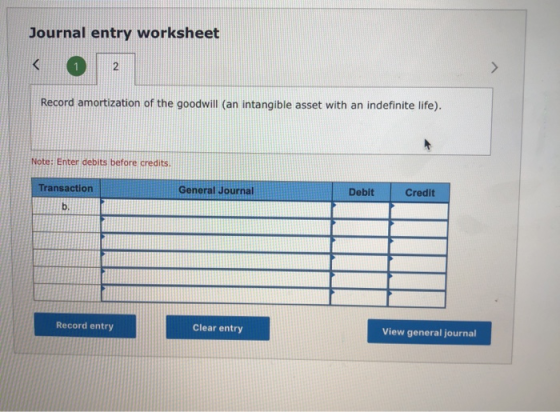 Journal entry worksheet Record amortization of the goodwill (an intangible asset with an indefinite life). Note: Enter debits