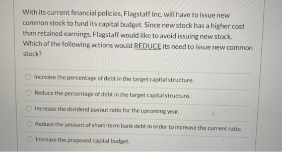 With its current financial policies, Flagstaff Inc. will have to issue new common stock to fund its capital budget. Since new