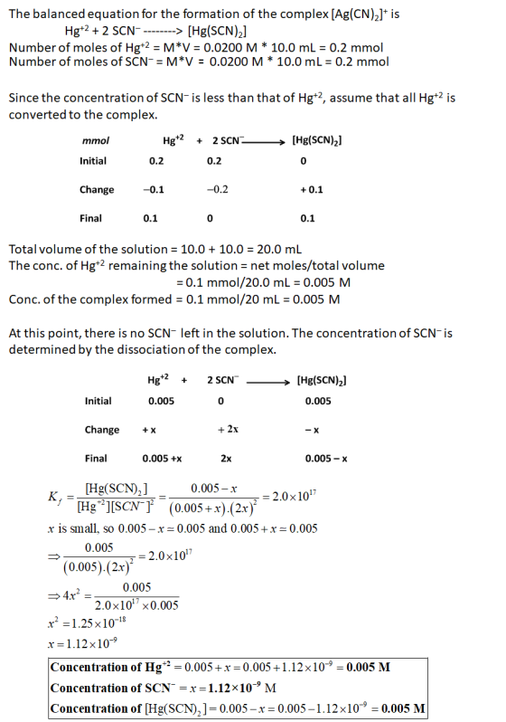 The balanced equation for the formation of the complex [Ag(CN)2]t is Hg+2 + 2 SCN---------> [Hg(SCN)2] Number of moles of Hg+