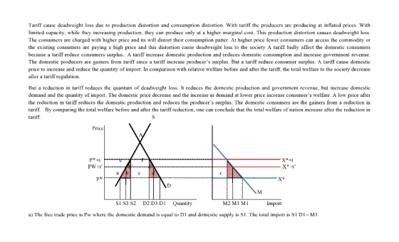 Tariff cause deadweight loss due to production distortion and consumption distortion. With tariff the producers are producing