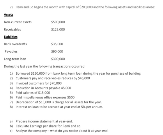 2) Remi and Co begins the month with capital of $200,000 and the following assets and liabilities arose: Assets Non-current a