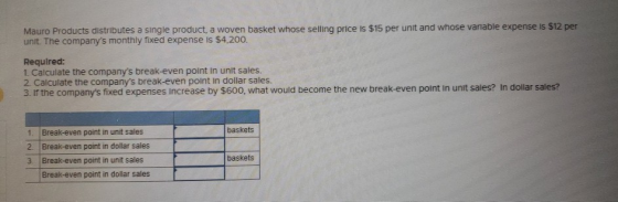 Mauro Products distributes a single product, a woven basket whose selling price is $15 per unit and whose variable expense is