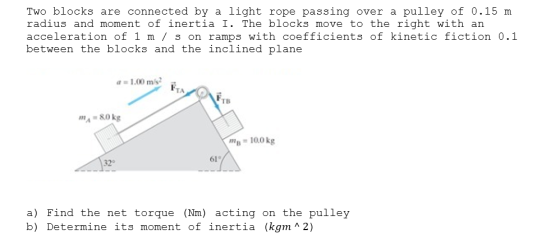 Two blocks are connected by a light rope passing over a pulley of 0.15 m radius and moment of inertia I. The blocks move to t