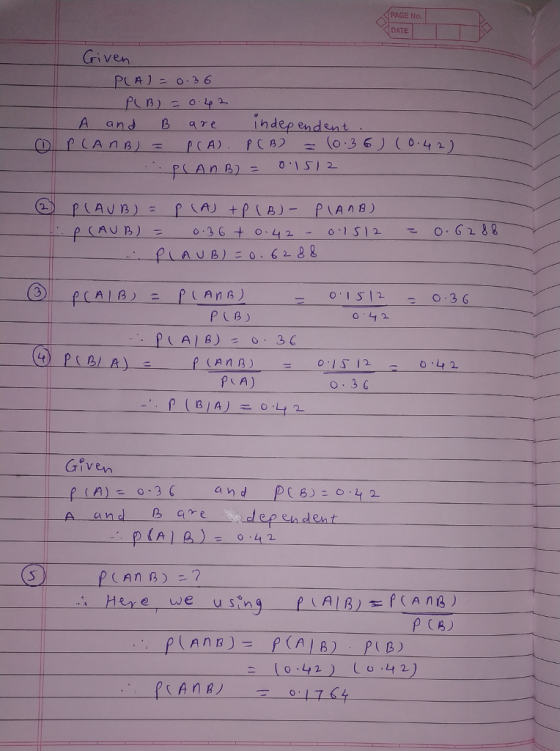 DATE iven PLA) 0.36 A and B are ep endent AUB) o:36+ 42-1312 (AIB) = f(AHB) PLB) Given A and G edep ede Here Tue-using e(ALBEf(Ang) 2.