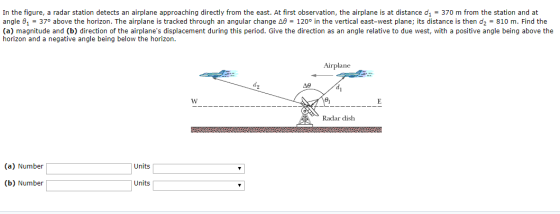 In the figure, a radar station detects an airplane approaching directly from the east. At first observation, the airplane is