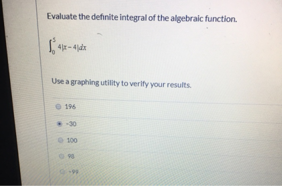 Evaluate the definite integral of the algebraic function. 1 418-41dx Use a graphing utility to verify your results. 196 -30 1