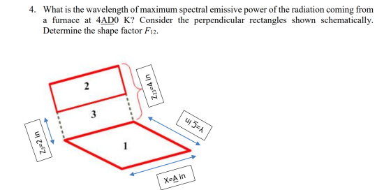 4. What is the wavelength of maximum spectral emissive power of the radiation coming from a furnace at 4ADO K? Consider the p
