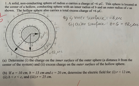 I. A solid, non-conducting sphere of radius a carries a charge of +6 μC. This sphere is located at the center of a hollow, co
