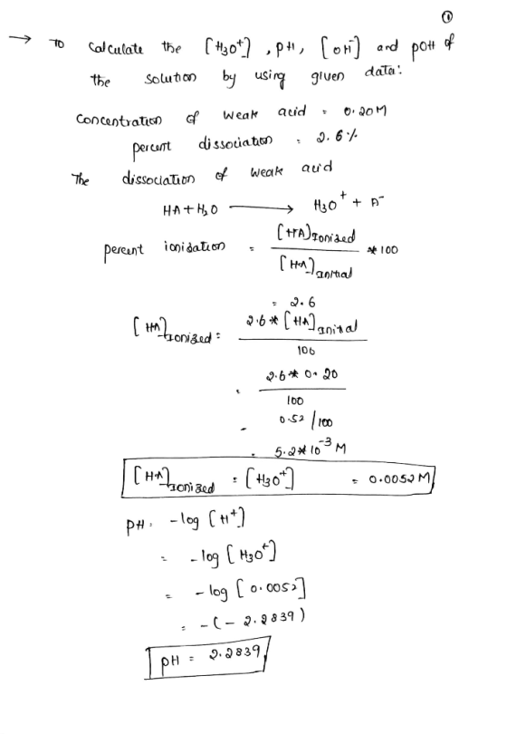 → to calculate the [H304] ,P+, Cor) and pot of the solution by using given data: Concentration of weate acid : 0.207 percort