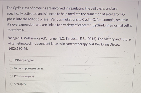 The Cyclin class of proteins are involved in regulating the cell cycle, and are specifically activated and silenced to help m