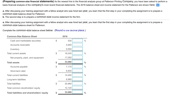 (Preparing common-size financial statements) As the newest hire to the financial analysis group at Patterson Printing Company
