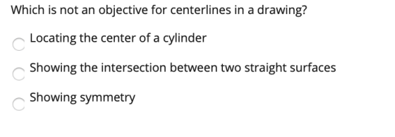 Which is not an objective for centerlines in a drawing? Locating the center of a cylinder Showing the intersection between tw