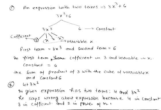 An expression with two tems =) 3 x°+ 6 3x°+6 > Constamt Culficient Avarriable x 3n3 nd Seeond teim first term %3D %3D m first