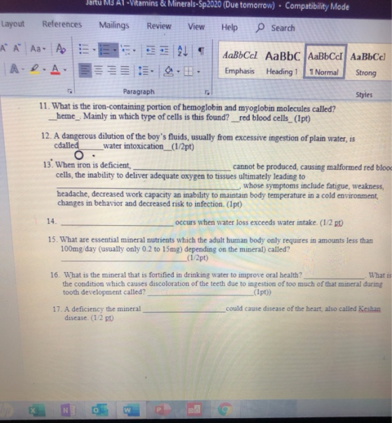 LMSTARViamins & Minerals-Sp2020 (Due tomorrow). Compatibility Mode Layout References Mailings Review View Help Search E A A A