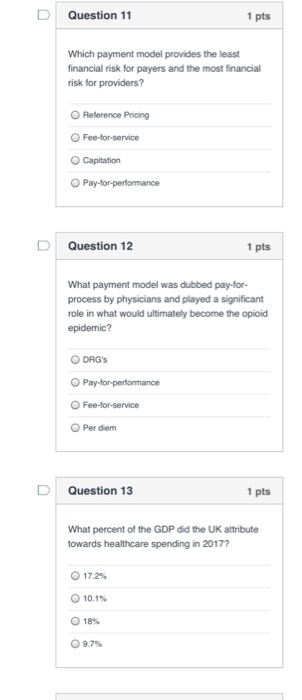 Question 11 1 pts Which payment model provides the least financial risk for payers and the most financial risk for providers?