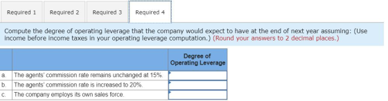 Required 1 Required 2 Required 3 Required 4 Compute the degree of operating leverage that the company would expect to have at