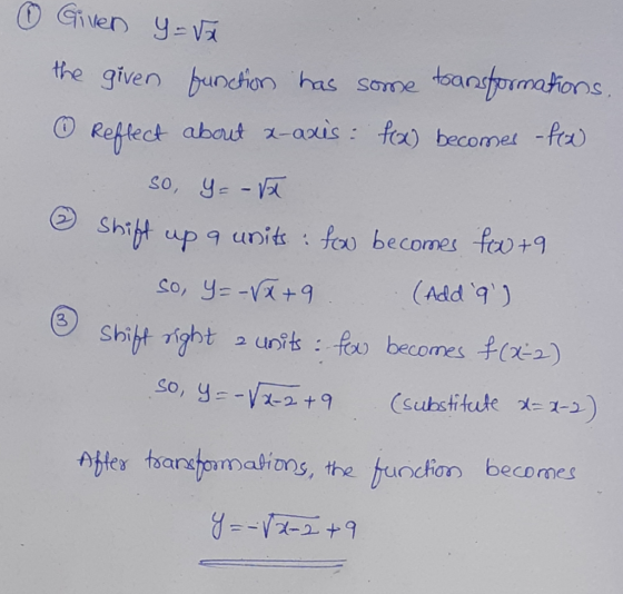 Given y = x the given function has some transformations. Reflect about x-axis: f(x) becomes - fx so, y=-X Shift up a units fo