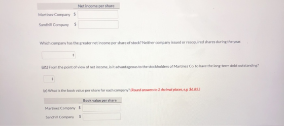 Net income per share Martinez Company $ Sandhill Company $ Which company has the greater net income per share of stock? Neith