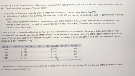 On January 1, 2018 Crane Company will acquire a new asset that costs $400,000 and that is anticipated to have a salvage value