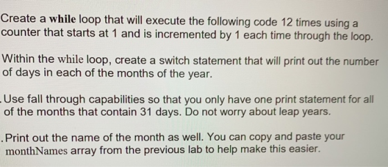 Create a while loop that will execute the following code 12 times using a counter that starts at 1 and is incremented by 1 ea