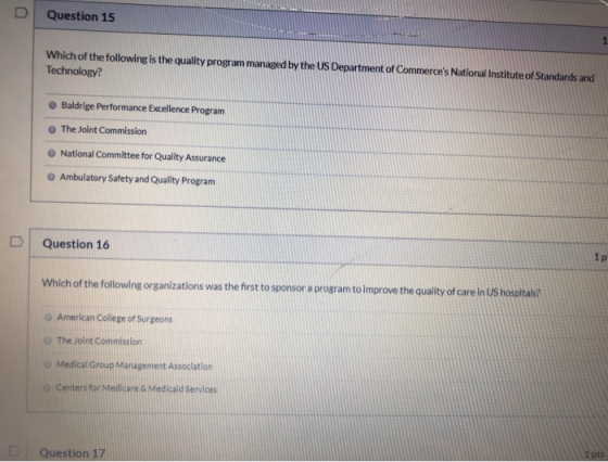 Question 15 Which of the following is the quality program managed by the US Department of Commerces National Institute of St