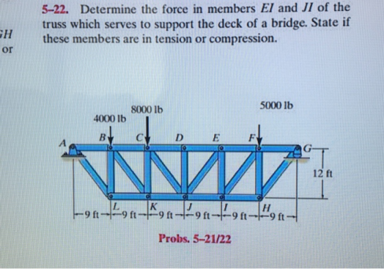 5-22. Determine the force in members El and JI of the truss which serves to support the deck of a bridge. State if these members are in tension or compression. GH or 5000 lb 8000 lb 4000 1b 12 ft Probs. 5-21/22