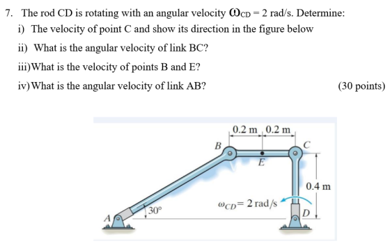 7. The rod CD is rotating with an angular velocity OcD = 2 rad/s. Determine: i) The velocity of point C and show its directio