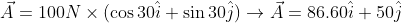 \vec{A}= 100N\times (\cos 30\hat{i}+\sin 30\hat{j})\rightarrow \vec{A}=86.60\hat{i}+50\hat{j}