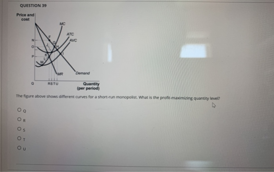 QUESTION 39 Price and cost MC ATC AVC N O P MR Demand RSTU Quantity (per period) The figure above shows different curves for