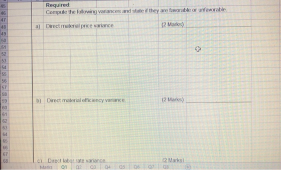 Required: Compute the following variances and state if they are favorable or unfavorable. a) Direct material price variance.