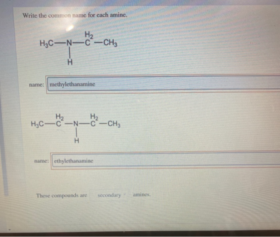 Write the common name for each amine. HyC-N—C—CH name: methylethanamine Hyc—2 2-CH name: ethylethanamine These compounds are