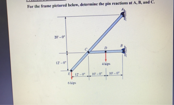 For the frame pictured below, determine the pin reactions at A, B, and C. 20-0 A 12-0 4 kips E 12-0 10-0 10-0 6 kip