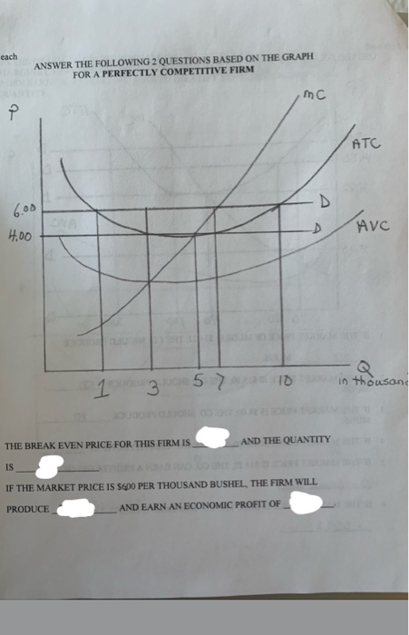 cach ANSWER THE FOLLOWING 2 QUESTIONS BASED ON THE GRAPH FOR A PERFECTLY COMPETITIVE FIRM mC ATC AVC H00 3 5 in thousan THE B
