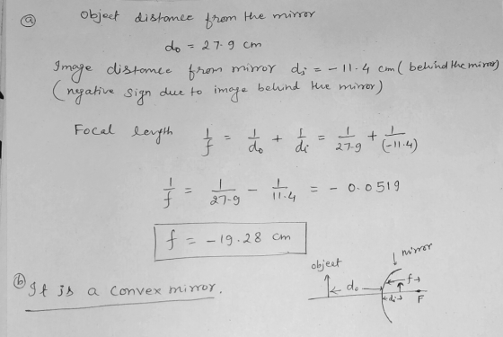 object distance from the mirror do = 27.9 cm Image distance from mirror di = - 11.4 cm (behind the mirror) (negative sign due