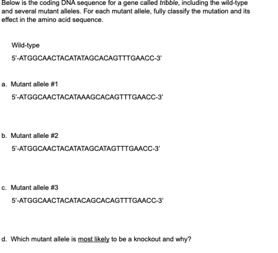 Below is the coding DNA sequence for a gene called tribble, including the wild-type and several mutant alleles. For each muta
