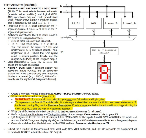 FIRST ACTIVITY: (100/100) . SIMPLE 4-BIT ARITHMETIC LOGIC UNIT (ALU): This circuit selects between arithmetic (absolute value