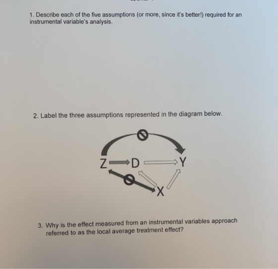 1. Describe each of the five assumptions (or more, since its better!) required for an instrumental variables analysis. 2. L