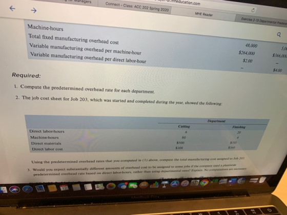 ---- Connect - Class: ACC 202 Spring 2020 education.com MHE Reader Ece Departemeden Machine-hours Total fixed manufacturing o