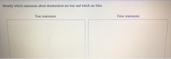 Identify which statements about denaturation are true and which are false. True statements False statements