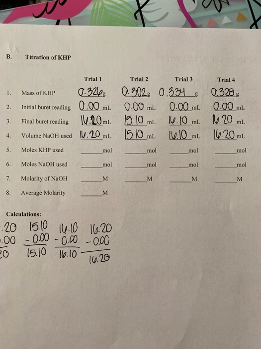 В. Titration of KHP Trial 1 Trial 2 Trial 3 Trial 4 0.321ps 0.00 mL 20mL Q302. 0.334 0.00 mL .10 mL v.O mL 0.328 O.00 mL Ke.2