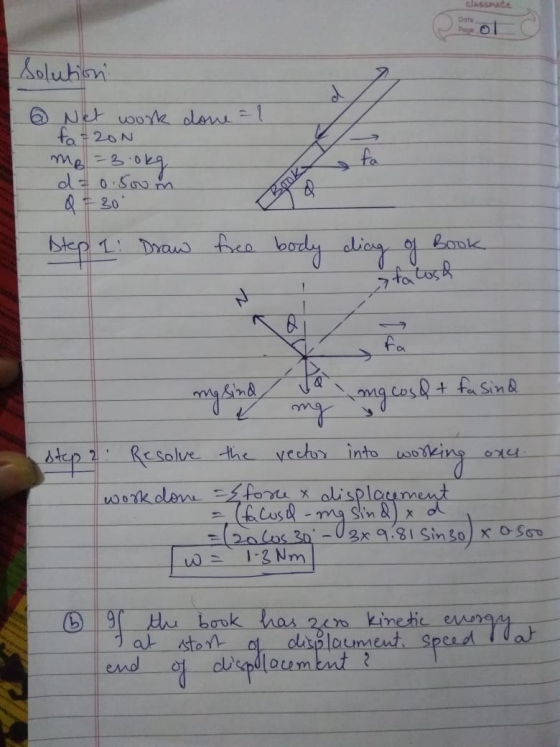Date Solution @ Net work done = ? fa=20N mo=3 =3 0kg d = o. Soom Q = 30 fa Book o Step 1: Draw free body ciag of Book Book.