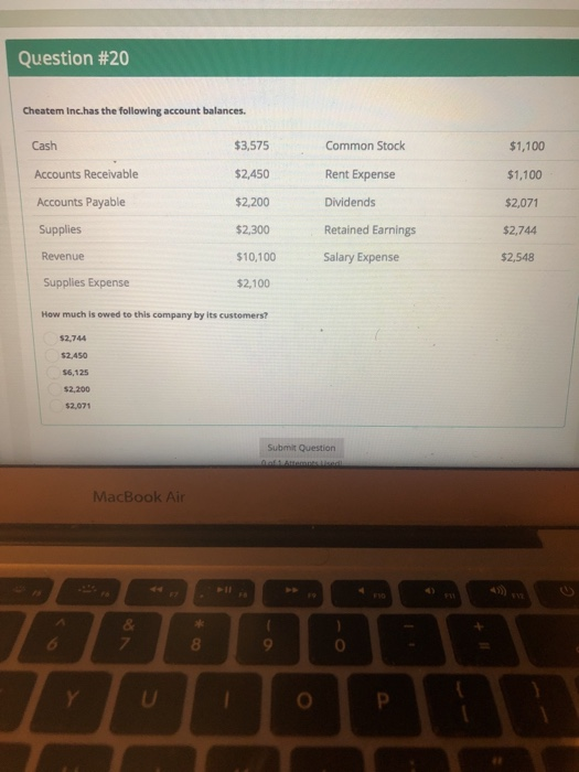 Question #20 Cheatem Inc.has the following account balances. 3,575 $2,450 $2,200 $2,300 $10,100 $2,100 Common Stock Rent Expense Dividends Retained Earnings Salary Expense $1,100 $1,100 $2,071 $2,744 $2,548 Cash Accounts Receivable Accounts Payable Supplies Revenue Supplies Expense How much is owed to this company by its customers? $2,744 $2,450 $6,125 $2,200 $2,071 Submit Question MacBook Air 8 0