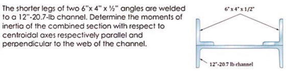 6x4 x 1/2 The shorter legs of two 6x 4 x 1/2 angles are welded to a 12-20.7-ib channel. Determine the moments of inerti