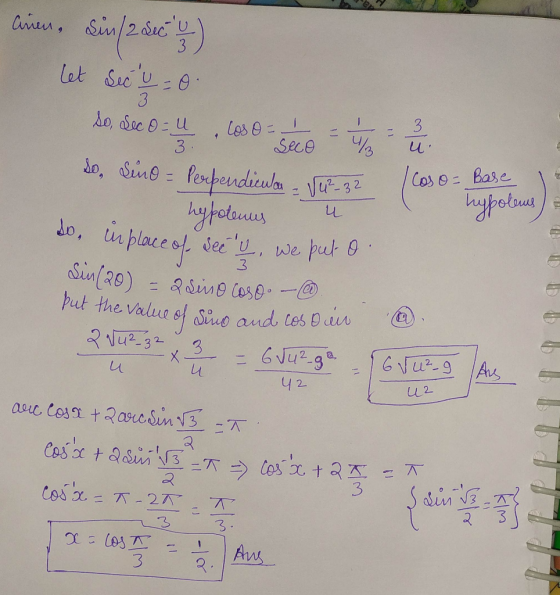 ainen, Sin/2 sec ! ) let sech u = 0 so, deco - u lose= seco = 1/3 = 1 do, sino = perpendicular - V4.82 hypotenus u So, in pla