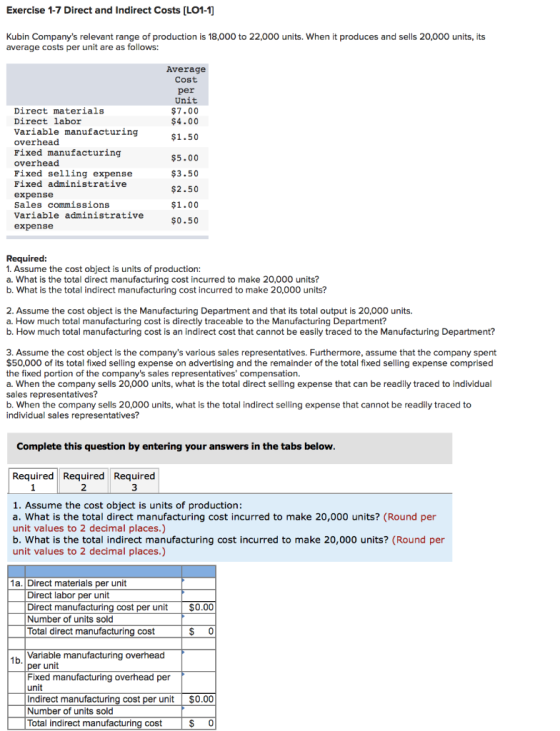 Exercise 1-7 Direct and Indirect Costs [LO1-1) Kubin Companys relevant range of production is 18,000 to 22,000 units. When i