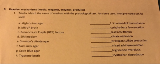B. Reaction mechanisms (media, reagents, enzymes, products) 1. Media. Match the name of medium with the physiological test. F