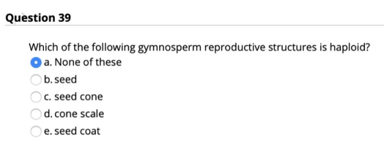Question 39 Which of the following gymnosperm reproductive structures is haploid? a. None of these b. seed C. seed cone d.con