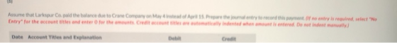 Assume that Larkspur Co pald the balance due to Crane Company on May 4 instead of April 15 Prepare the journal entry to recor